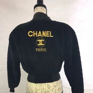 “Chanel” logo quilted velvet bolero jacket black